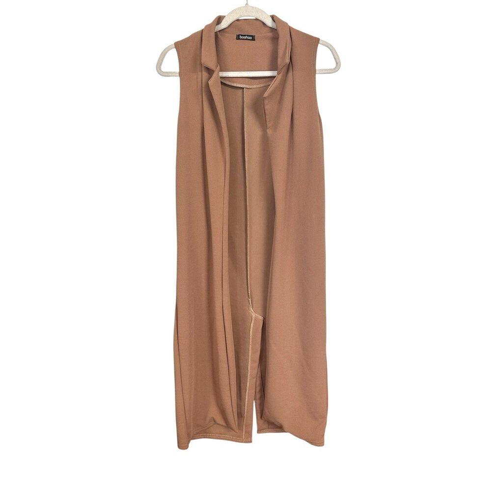 Boohoo Women's Sz 2 Brown Open Long Sleeveless Duster Cardigan Collared